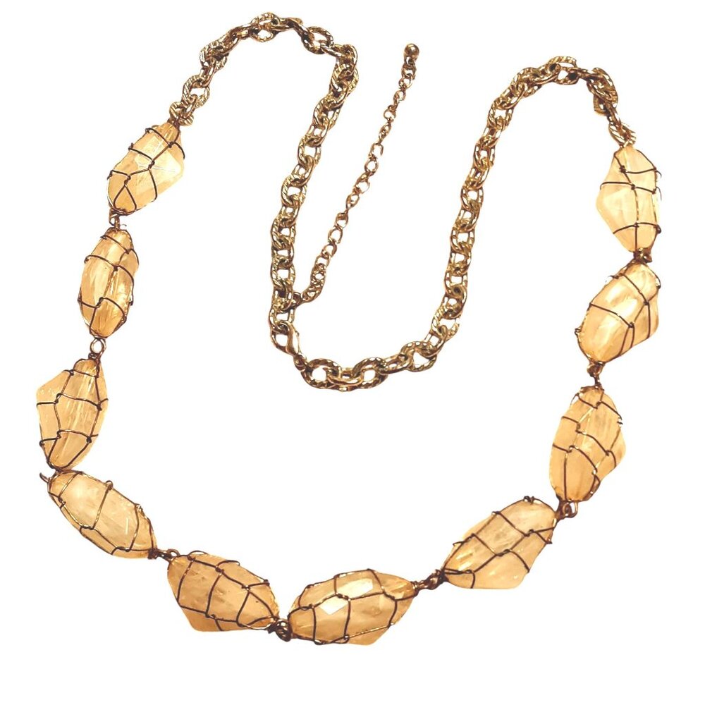 Rose Quartz Necklace 24" Caged Raw Natural Stone Brass Wire Wrap